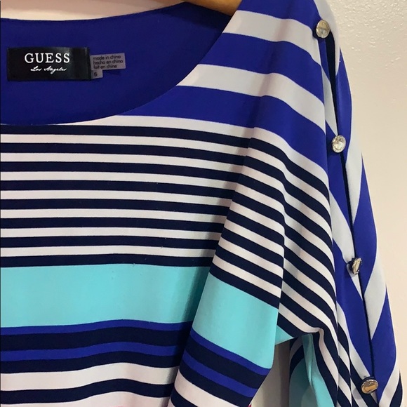 Guess | Blue Striped Open Button 3/4 Sleeves | Sash Waist MIDI Dress | Size 6 - Picture 4 of 9